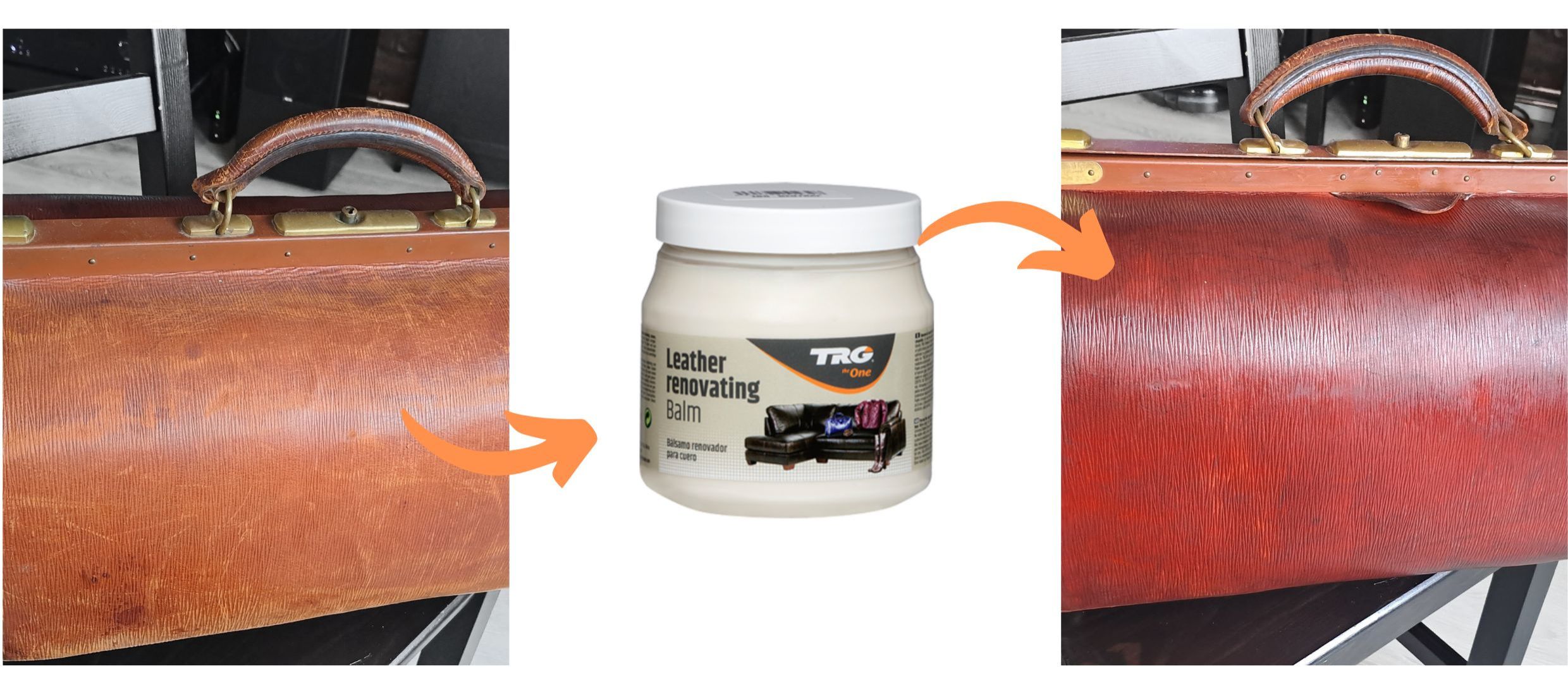 Bezbarvý Krém na kožené tašky 100 Neutral Leather Renovating Balm TRG ukázka použití